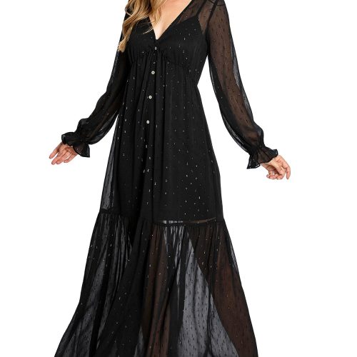 Black, dress, maxidress, sheer, mesh, longsleeve, black dress,