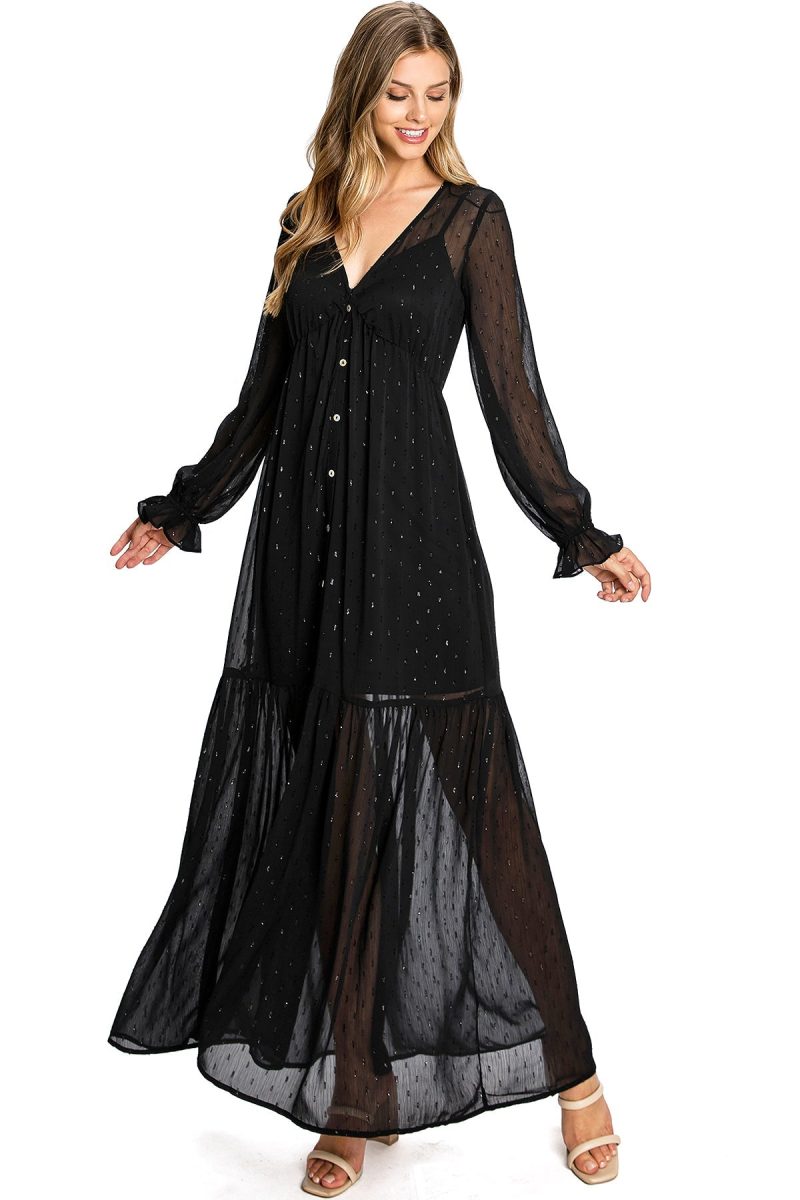 Black, dress, maxidress, sheer, mesh, longsleeve, black dress,